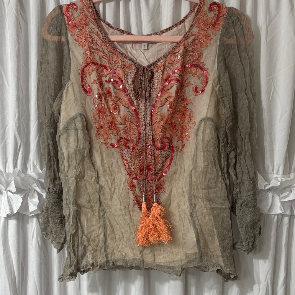 Elegant Embroidered Sheer Blouse - Orange and Gray